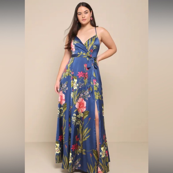 Still the One Blue Floral Print Satin Maxi Dress - Picture 2 of 3